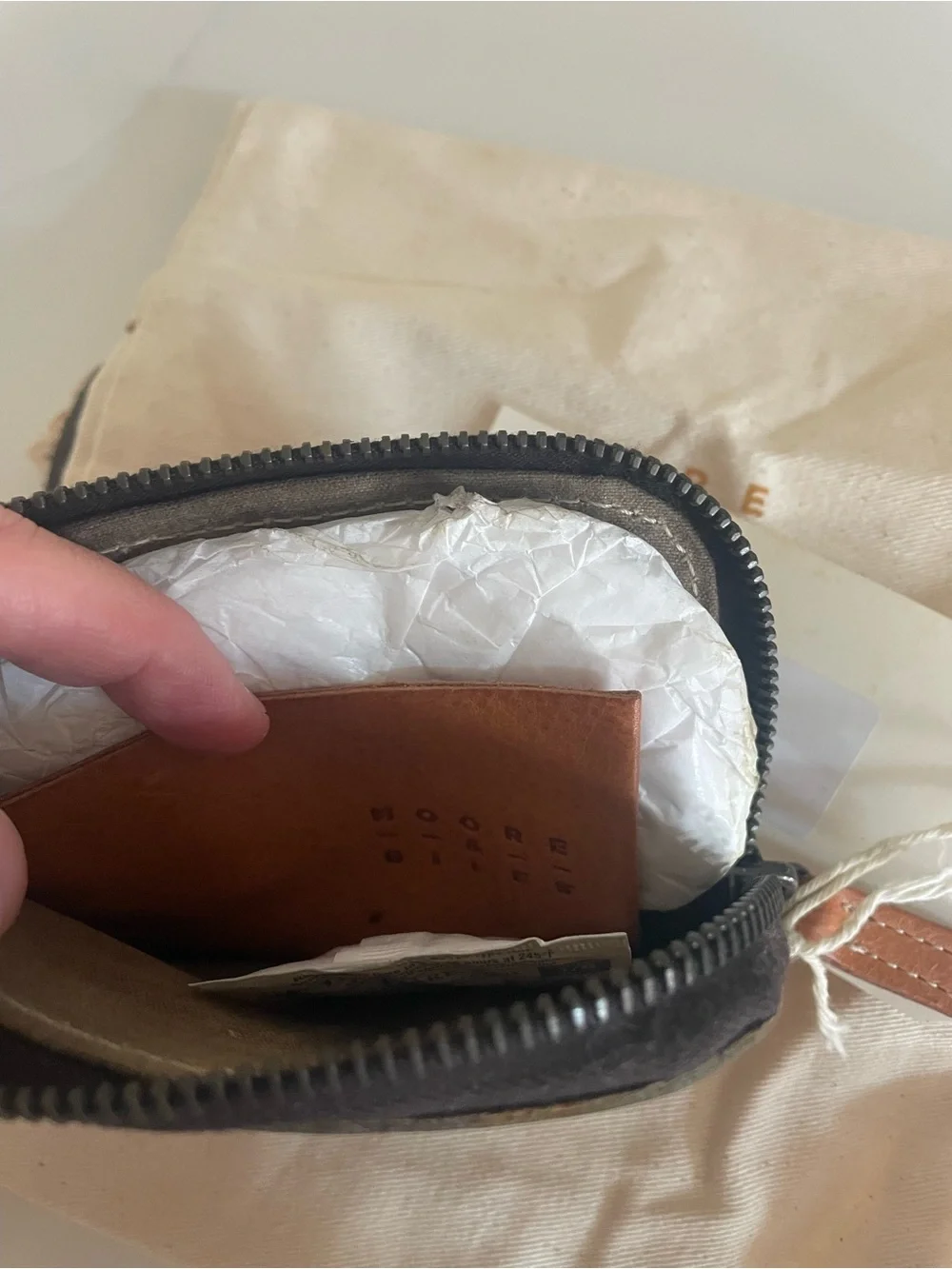 Moore and Giles Olive and Tan Leather half Zip Wallet